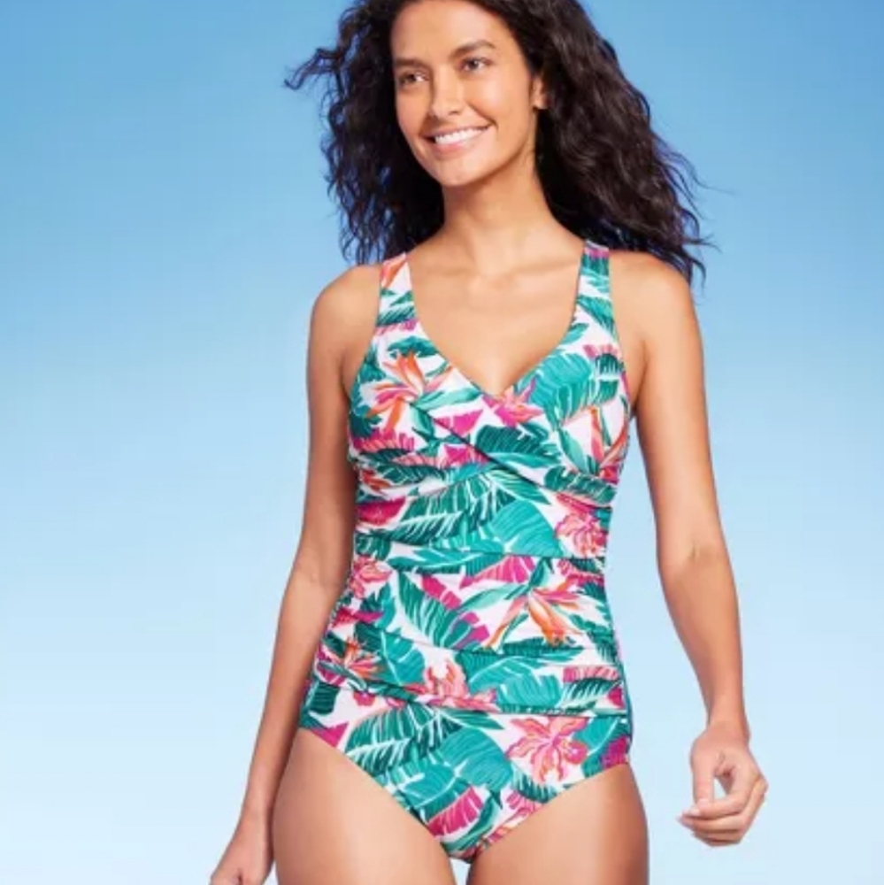 Kona Sol Full Coverage Tummy Control Front Wrap One Piece Swimsuit